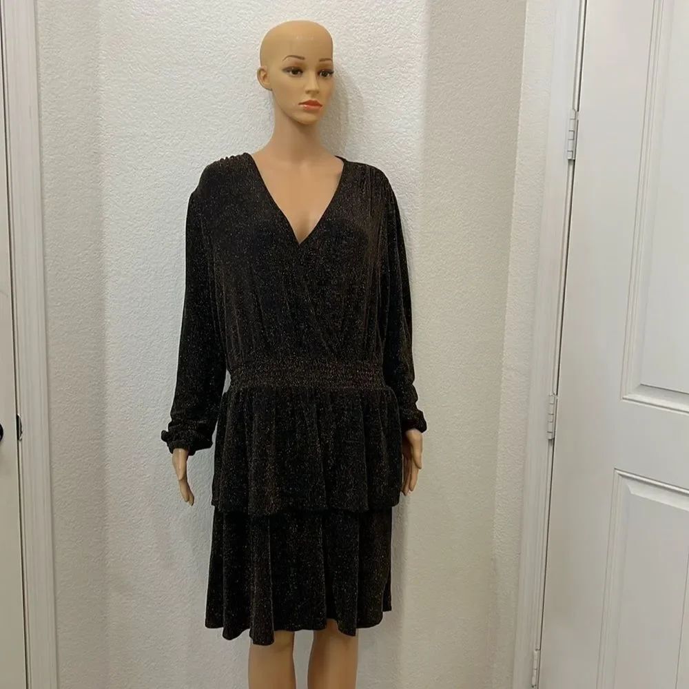 Michael Kors Womans Dress Sz 0X Bwown Gold VNeck Long Sleeve Ruffle Midi Stretch